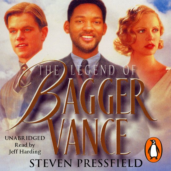 Boekomslag van The Legend of Bagger Vance met portretten van drie mensen tegen een wolkenachtergrond.