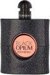 Zwarte flacon met glitterafwerking en rond koperkleurig etiket met 'BLACK OPIUM'.