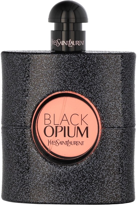 Zwarte flacon met glitterafwerking en rond koperkleurig etiket met 'BLACK OPIUM'.