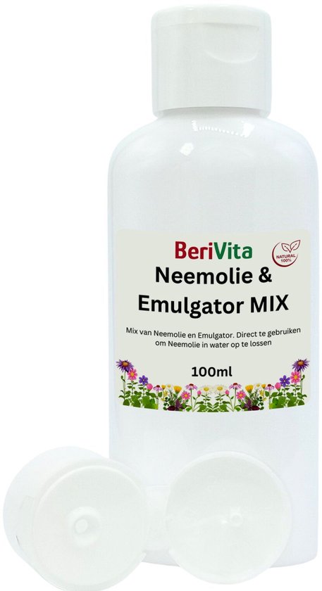 Witte fles met groen en roze etiket, BERICHEM Neemie & Emulgator MIX, 100ml, met bloemenrand.