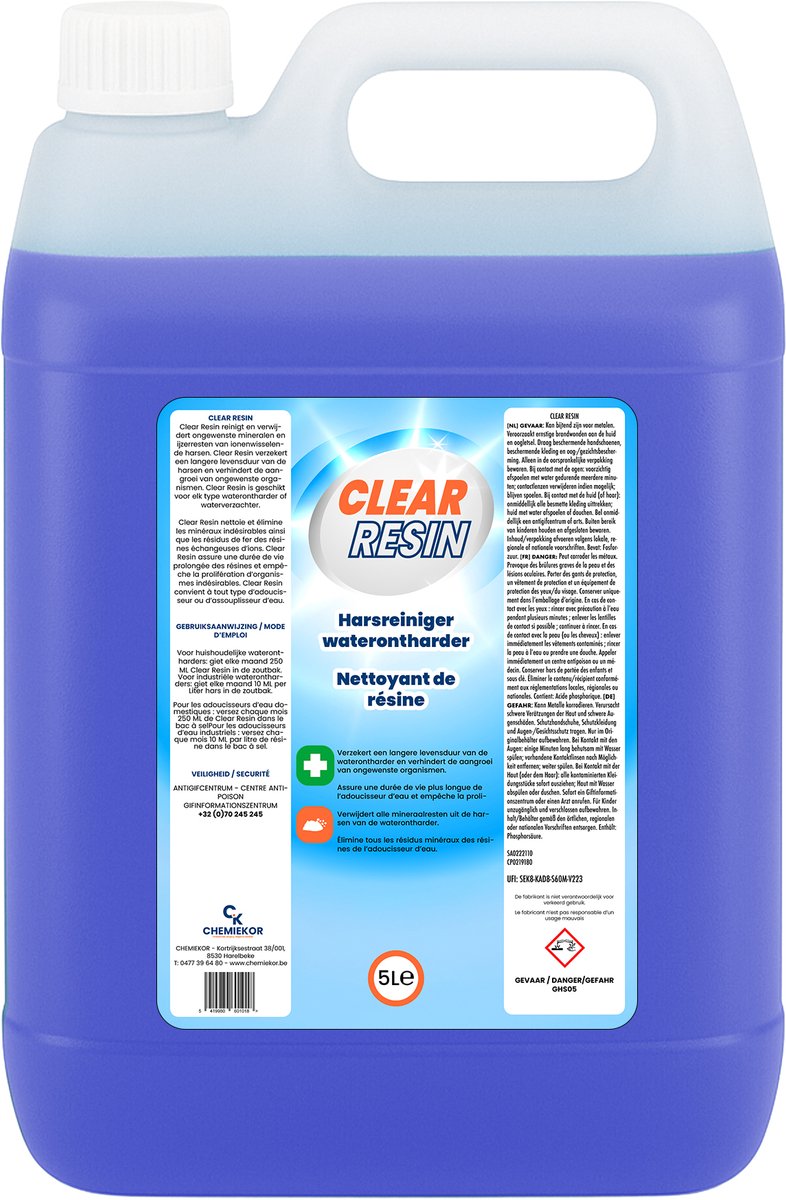 Clear Resin® 5L - Harsreiniger - Reiniger Waterontharder of Waterverzachter - Resin Soft - Harsenreiniger