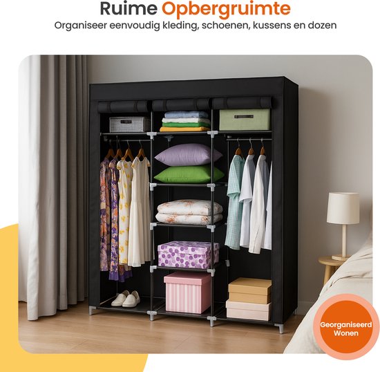 Goliving Opvouwbare Kledingkast - Garderobekast - 175 x 150 x 45 cm - Kleerkast - Stoffen Vouwkast - Campingkast - Zwart