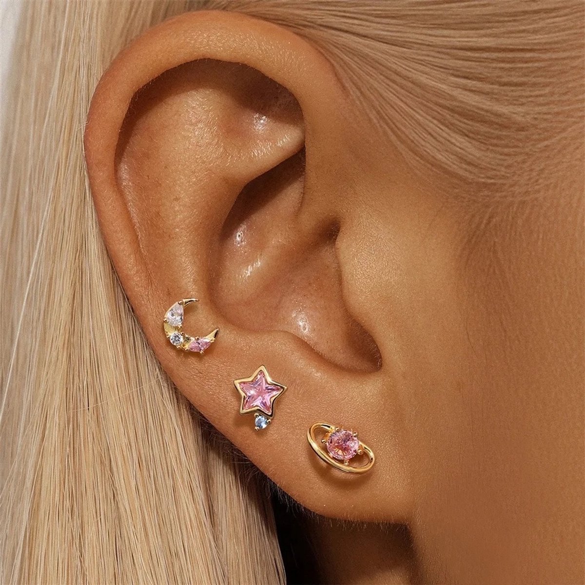 Klein Galaxy Oorbellen Set met Zirkonia Stenen- 925 Sterling Zilver - 18K Verguld Dames Oorbellen - Dames Sieraden