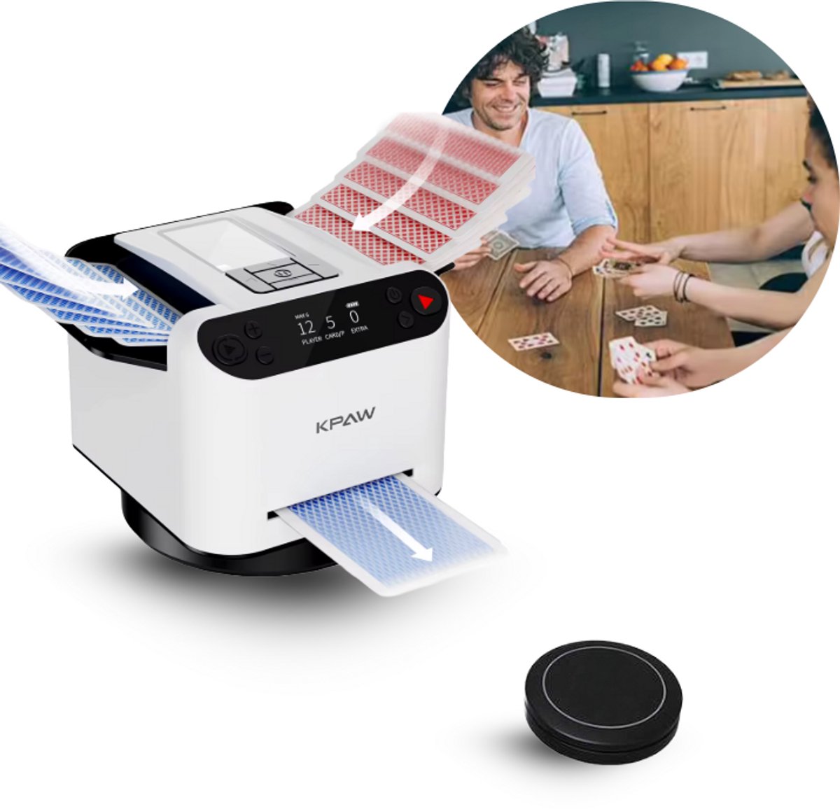 KPaw Automatische Kaartenschudder en Verdeler - Kaartmachine met 4 Draadloze Afstandsbedieningen – 360° Draaifunctie – Kaartdealer voor 1 tot 12 Spelers – Elektronische Kaartgever – Voor Poker, Kaartspellen en Meer