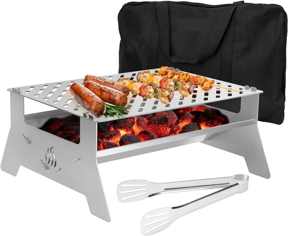 Tafelgrill, mobiele houtskoolgrill, grillroostersysteem van roestvrij staal met draagtas en tang voor outdoor, tuin, camping, party, strand, barbecue
