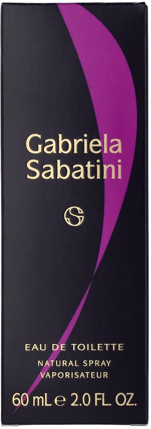 Gabriela Sabatini Eau de Toilette, Natural Spray Vaporisateur, 60 ml 2.0 FL. OZ. Zwarte verpakking met paarse curve.