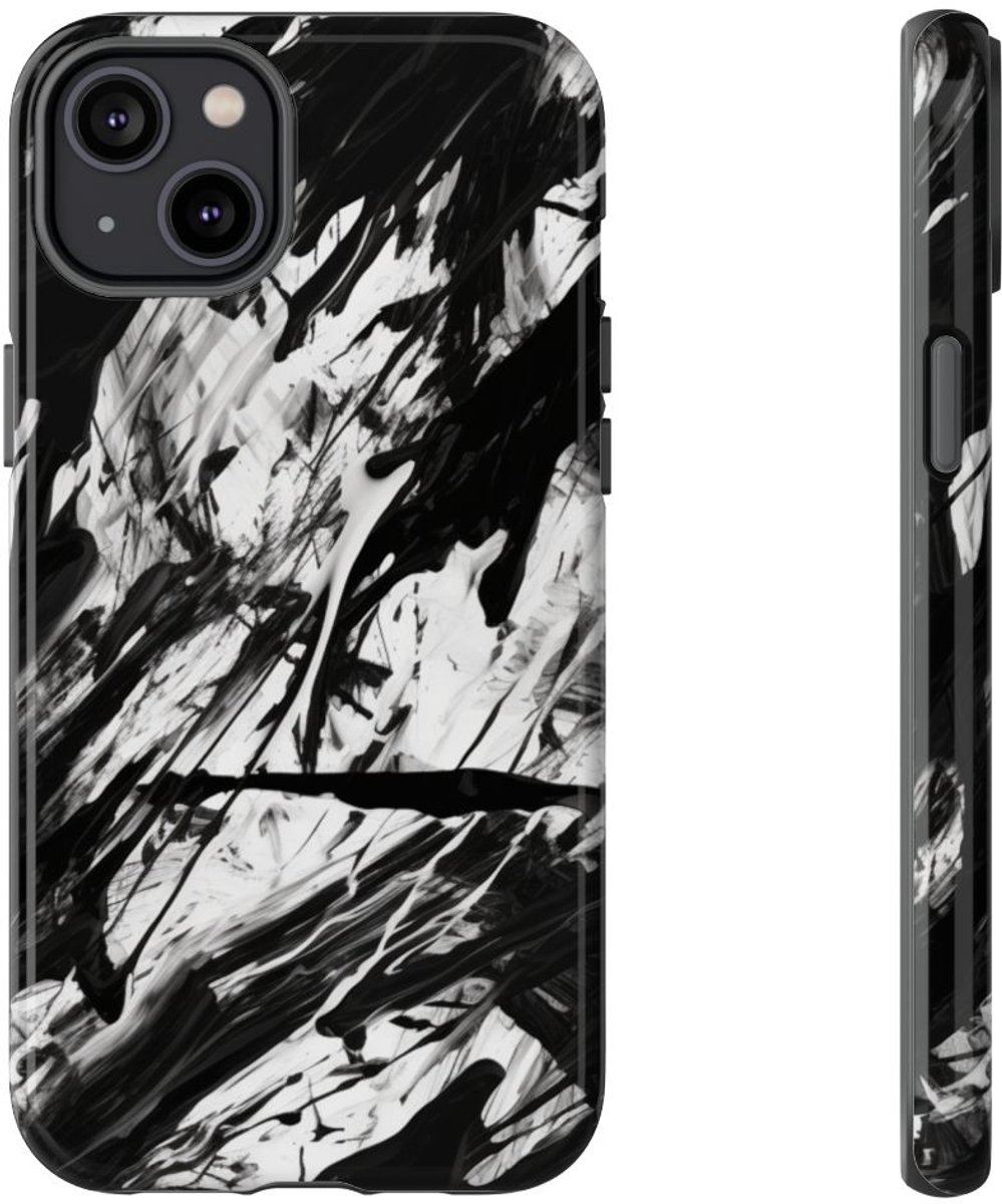 Zwart-Witte Abstracte Penseelstreken – Telefoonhoesje Geschikt voor iPhone 14 Plus