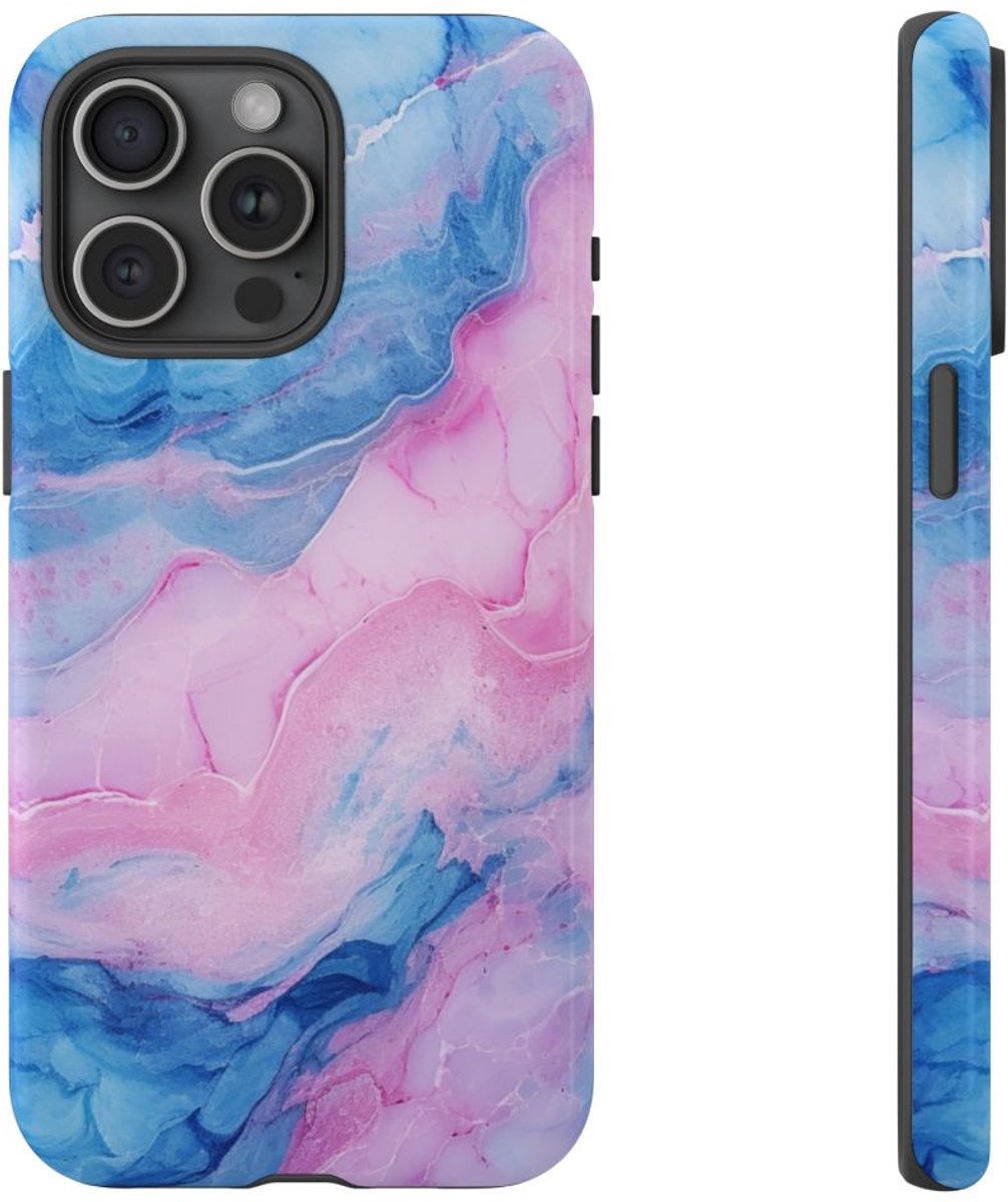 Blauw-Roze Marmerstructuur – Glanzend Stevig Hoesje Geschikt voor iPhone 15 Pro Max