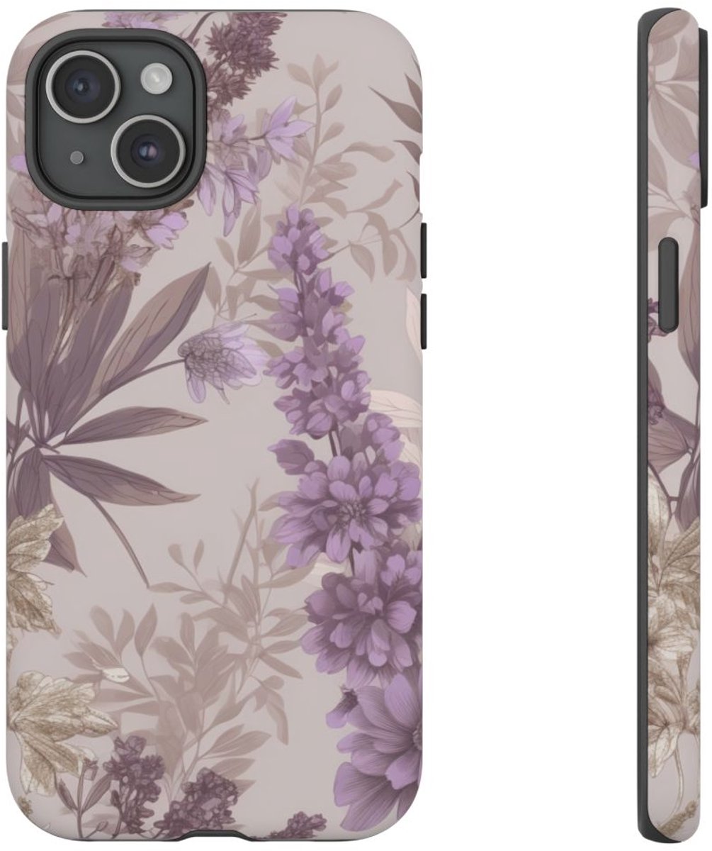 Lila Bloemenpatroon met Matte Afwerking – Telefoonhoesje Geschikt voor iPhone 15 Plus