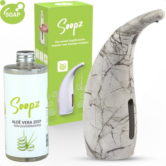 Automatische zeepdispenser met grijs marmerpatroon, een fles aloë vera zeep en een doos.
