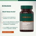 Bruine fles met groen dopje, Bonusan Multi Natal Actief. Bevat extra ijzer, foliumzuur en vitamine D.