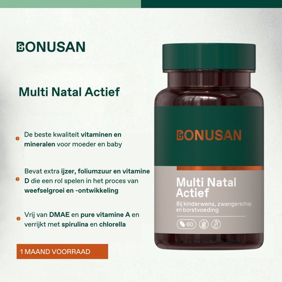 Bruine fles met groen dopje, Bonusan Multi Natal Actief. Bevat extra ijzer, foliumzuur en vitamine D.