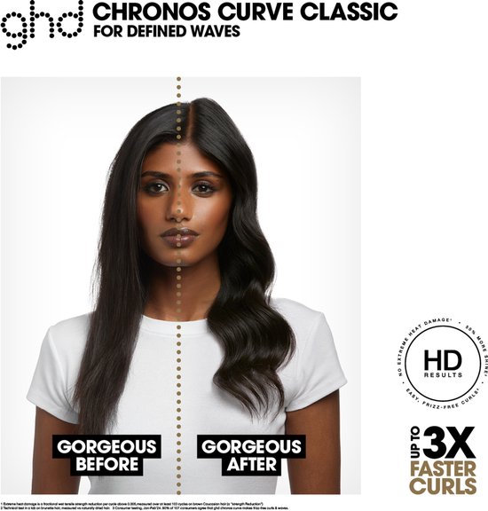 Vergelijking 'Voor' en 'Na' met model dat ghd Chronos Curve Classic gebruikt voor 'Gorgeous After' golven.
