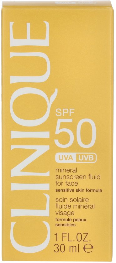 Gele verpakking van Clinique mineraal zonnebrandfluïde voor het gezicht met SPF 50.