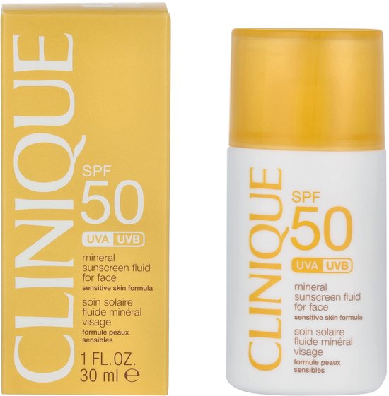 Gele verpakking en witte fles met gele dop van Clinique mineraal zonnebrandfluïde voor het gezicht SPF 50.
