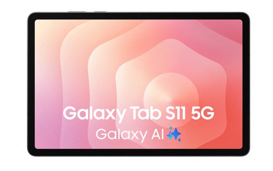 Samsung Galaxy Tab S11 5G met "Galaxy AI" tekst op scherm, op witte achtergrond.