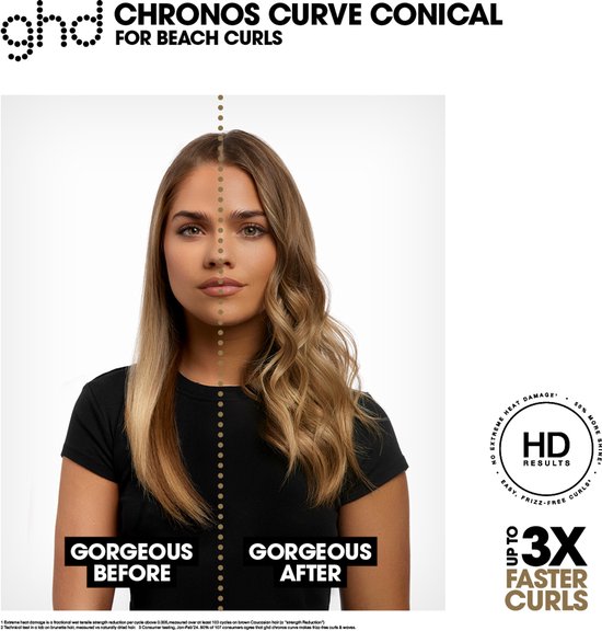 Voor-en-na afbeelding van een vrouw met steil haar (links) en golvend haar (rechts) na gebruik van de ghd Chronos Curve conische krultang. Tekst 'Gorgeous Before', 'Gorgeous After', '3x faster curls'.