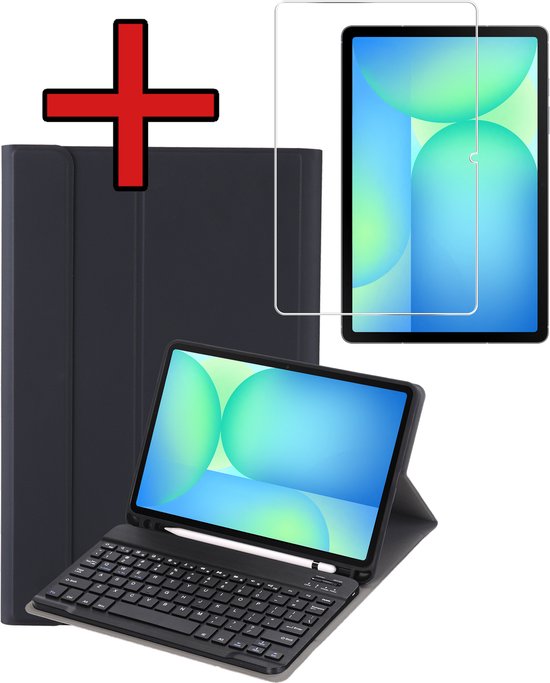 Zwarte tablethoes met toetsenbord, tabletscherm en screenprotector.