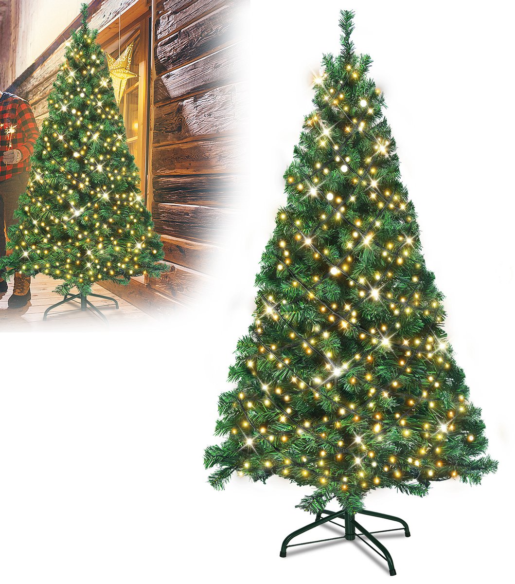 150 cm groene kunstkerstboom van PVC met afneembare LED-lichtjes en metalen voet, voor feestelijke decoratie