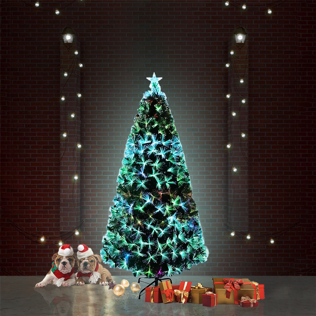 Kunstkerstboom met verlichting 210cm met dennennaalden en sparrenvezels kleurrijke glasvezel LED-kleurveranderende kerstboom kantoor thuis kerstversiering met standaard – foto 6
