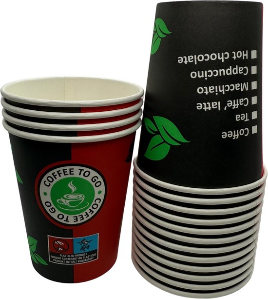 Zwart-rode kartonnen bekers met 'Coffee To Go' logo en opsomming van dranken zoals koffie, latte, cappuccino, macchiato, thee en warme chocolademelk. Groene bladeren motief.