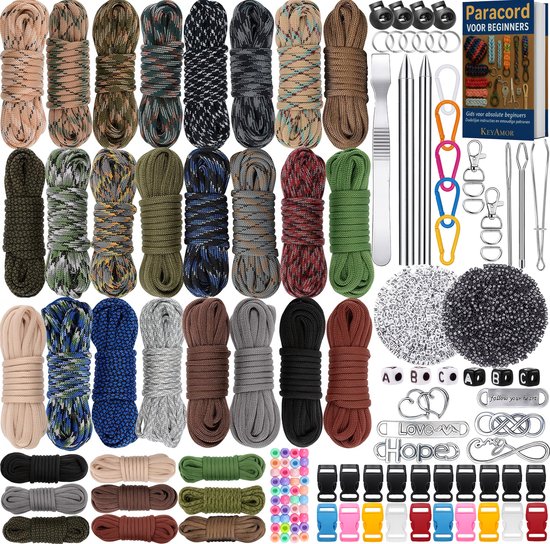 Grande collection de cordes paracorde en 33 couleurs, tailles diverses, avec accessoires tels que mousquetons, boucles et breloques
