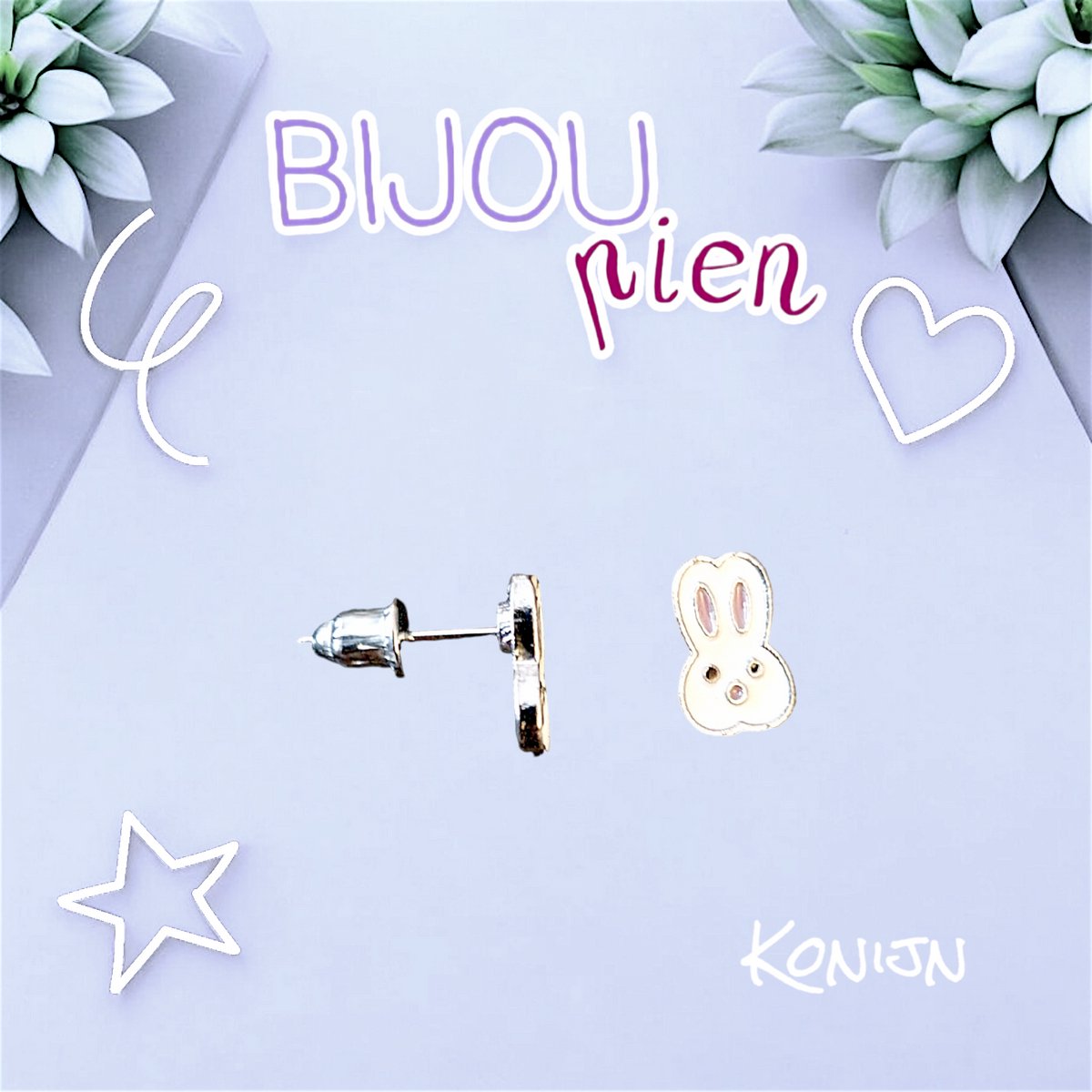 Kids Bijoux - Bijou Pien - Oorstekers Zilver Tone - Konijn (wit / licht roze) - 9x5 mm - Kinderen jeugd vrouwen - unisex - casual