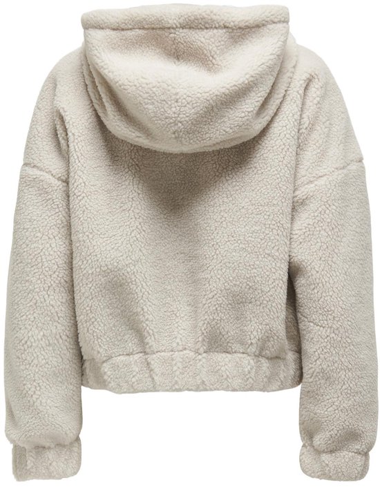 Crèmekleurige teddy jas met capuchon en elastische boorden.