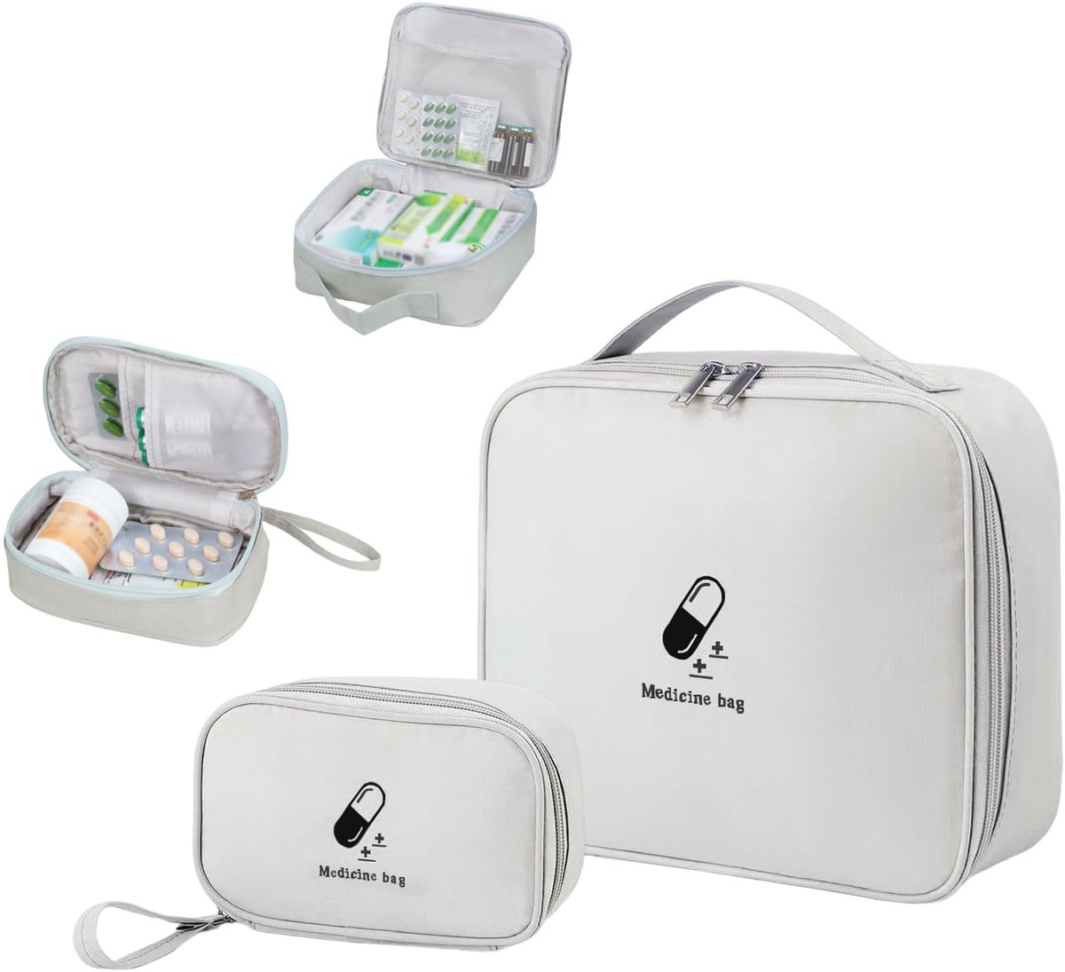 Medicatietas Set 2 stuks – Waterdichte EHBO & Medicijn Opbergtas van Oxford Stof – Grote & Kleine Reistas voor Thuis, Kantoor, Reizen en Outdoor – Grijs