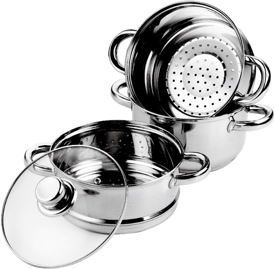 Royal Swiss® – Cuit-Vapeur 26 cm – Set Vapeur en Inox 3 Pièces – Cuiseur Vapeur avec Couvercle en Verre – Compatible Induction, Gaz & Électrique – Cuisson Saine à la Vapeur – Passe au Lave-Vaisselle