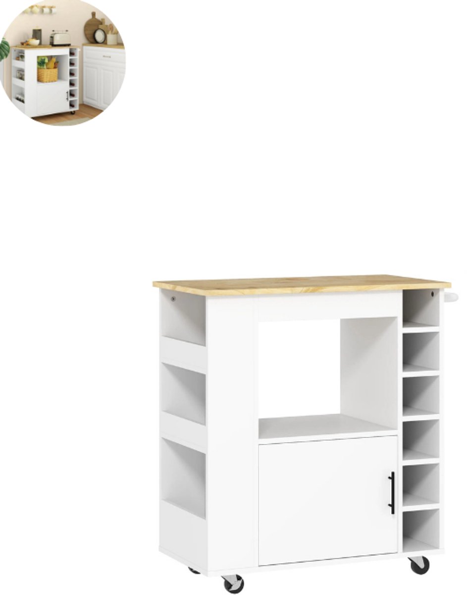 Keukeneiland - Verplaatsbaar - Keukenkast - Dressoir - Organizer - Kasten - Houten Werkblad - Wit