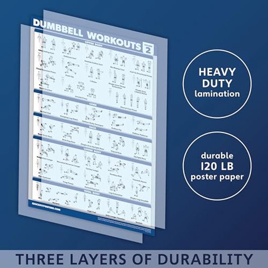 Twee gelamineerde posters met dumbbell oefeningen, 'DUMBBELL WORKOUTS VOL 2'. Met tekst over stevige laminatie en papier.