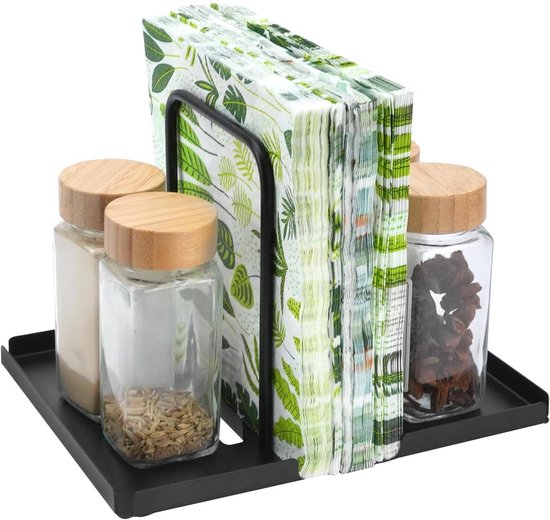 STWWO Servethouder voor tafel zwarte serviette houder met zout en peper Shaker Caddy staande papieren servet dispenser voor keuken toonbank eettafel