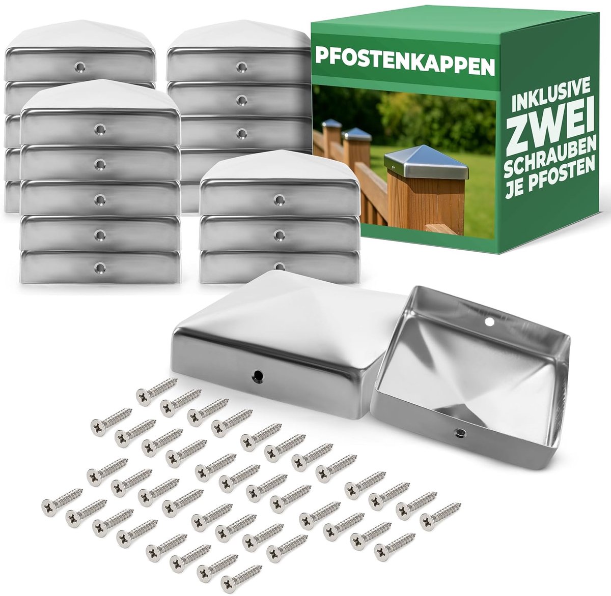 Novatool 20x RVS paaldoppen voordeelset 71x71mm met schroeven, paalafdekking paalkap 7,1cm houten paal hek paalafdekking afdekkappen afdekkap hekkap hekkappen paalschoenen
