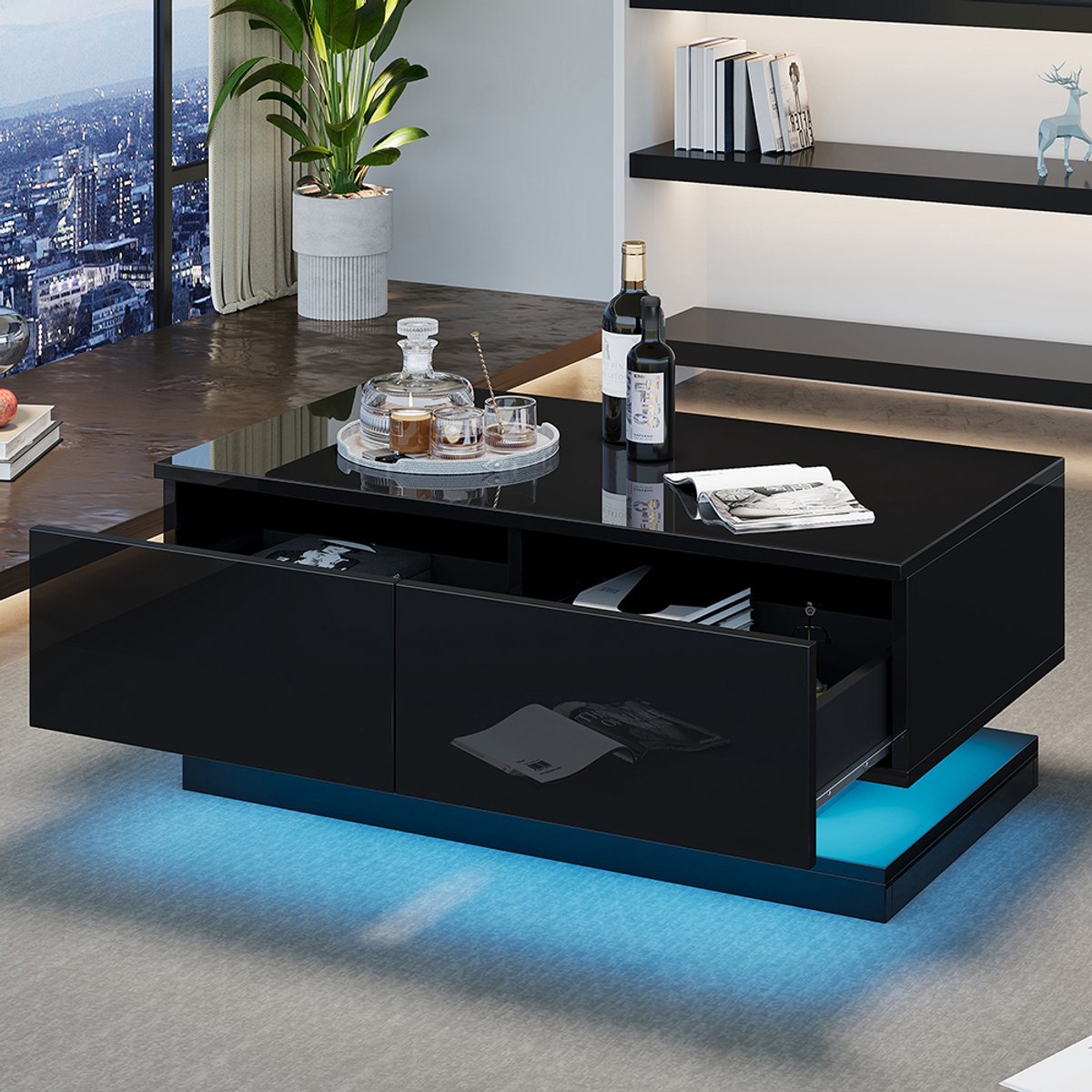 BLACKCOLORS 90*50*38cm glanzend zwarte salontafel, salontafel met 2 lades, uitgerust met een sfeervolle salontafel met LED-verlichting, te bedienen via een mobiele app