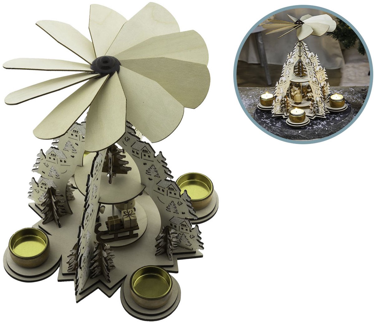 Hi Houten Piramide - Kerstdecoratie - 22,5 x 22,5 x 28,5 cm
