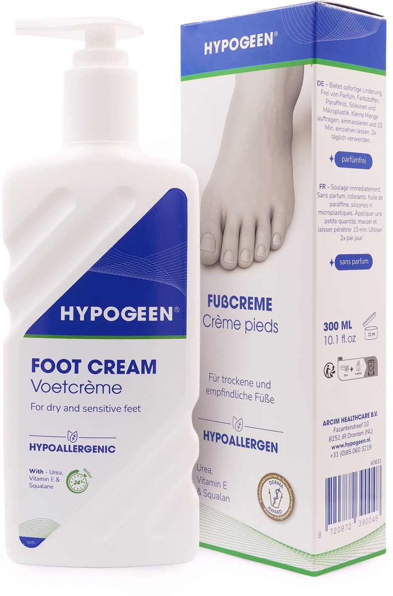 Hypogeen Voetcrème – Hypoallergene Hydraterende Voetencrème Voor Zeer Droge & Gevoelige Voeten – Droge Voeten Crème Met Ureum, Squalaan & Panthenol – Tegen Geur & Helpt De Voethuid In Balans Te Houden – 300 ml Pompflacon