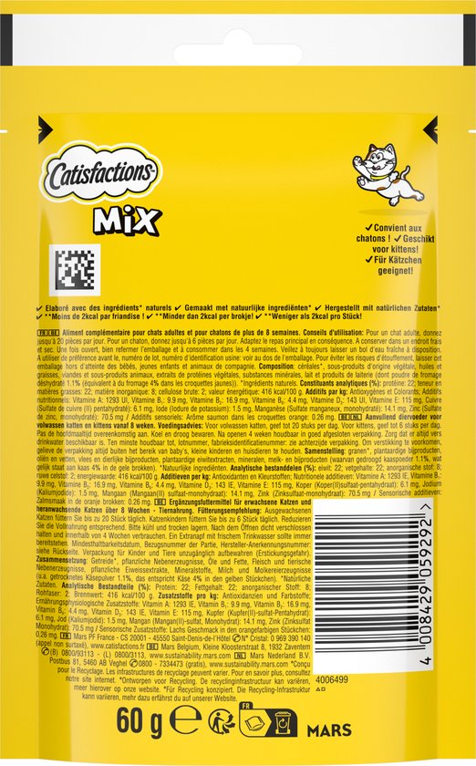 Verpakking Catisfactions Mix met zalmsmaak en kaas. 60 g.