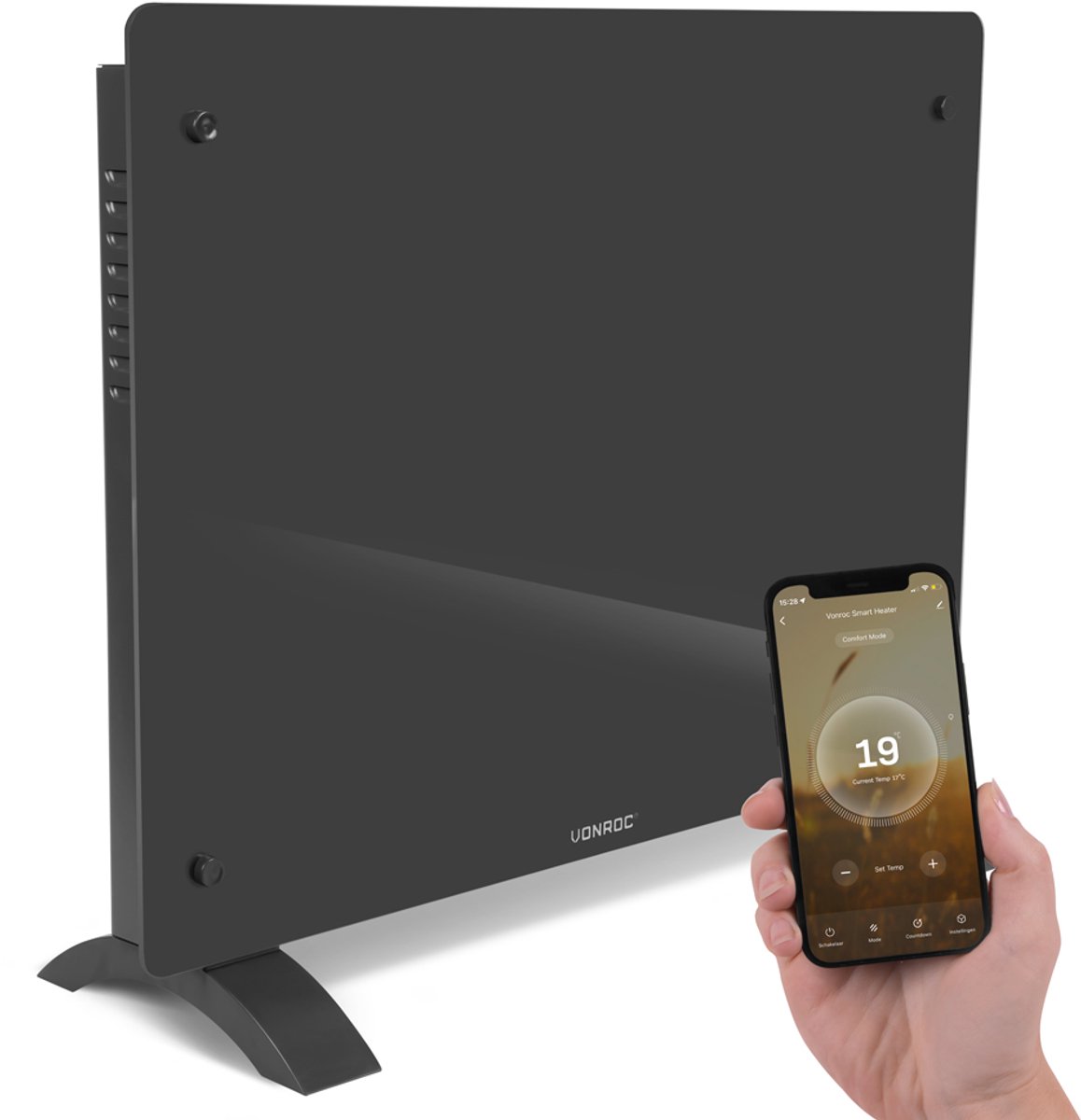VONROC Luxe elektrische kachel - Convectorkachel met glazen paneel – 1500W - Verwarmt ruimtes tot 18m2 - Bediening zowel via Wifi als handmatig – Instelbare thermostaat en timer - Grijs