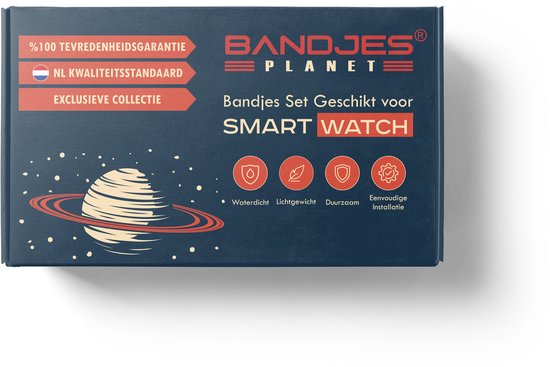 Doos van Bandjes Planet met 'BANDJES PLANET' logo, met planetenillustratie en kenmerken zoals "Waterdicht", "Lichtgewicht", "Duurzaam", "Eenvoudige Installatie".