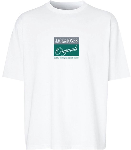 Wit T-shirt van Jack & Jones met een logo-opdruk op de borst: 'JACK&JONES Originals Crafted Aesthetics Holmen District'.