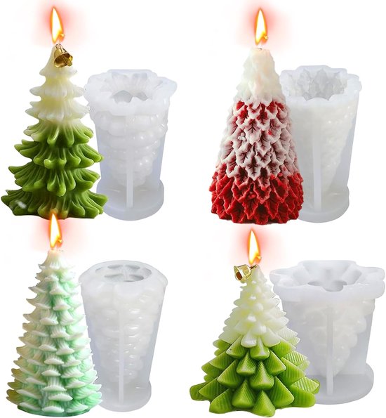 Kerstboom siliconen kaarsvorm- 4 kerstboomkaarsvormen- Kerstbomen- Kaarsenmallen- Handgemaakte Kerstkaarsen Maken-Mallen-3D-Printen, Siliconen DIY-Hars-Fudge-Kaarsen- Mallen en Decoratiematerialen-Voor het maken van kaarsen (4 Pakken)