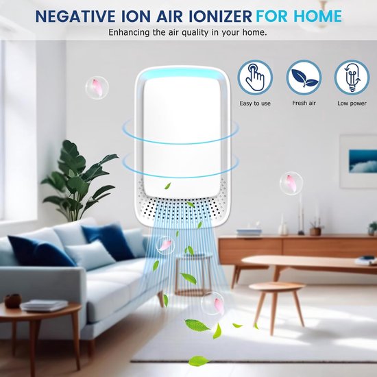 Witte luchtreiniger met blauwe gloed in een woonkamer. Iconen: makkelijk te gebruiken, frisse lucht, laag stroomverbruik. 'Negatieve ionen lucht ionisator voor thuis'.