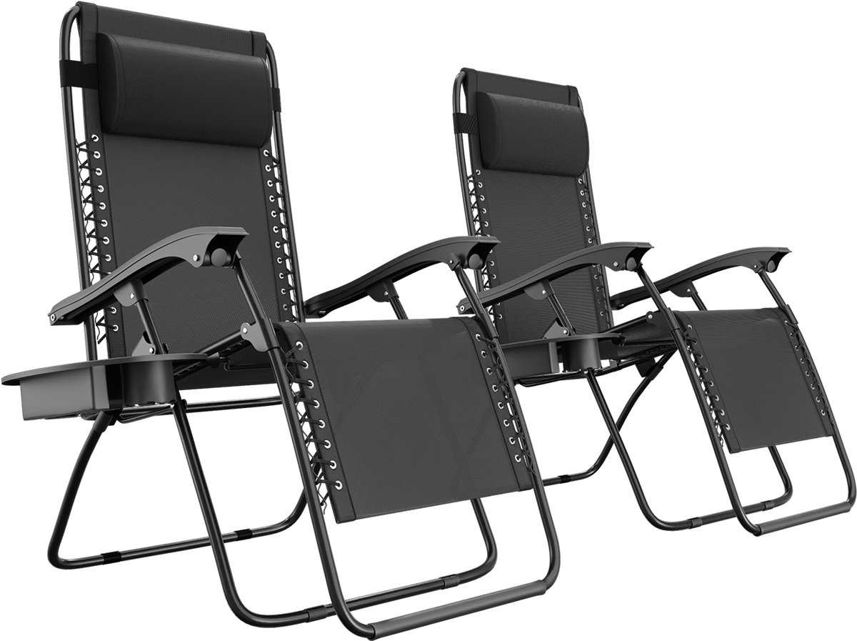 Bol.com LifeGoods Opvouwbare Tuinstoelen - 2 Stuks - Ligstoel Tuin - 30°-90° Verstelbaar - Metaal - Zwart aanbieding