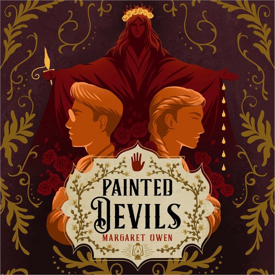 Couverture du livre 'Painted Devils' de Margaret Owen, avec des profils de deux personnes, des robes rouges et des fleurs.