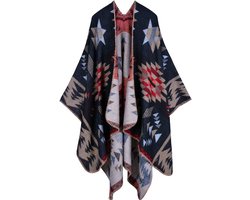 Dames poncho dames open voorkant winter gebreide jas Lady omkeerbare cape bedrukte oversized capes geruite gebreide deken tartan deken Boheemse geometrische patroon sjaal - 50% polyacryl, 50% polyester - Ster-zwart