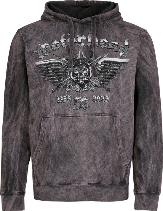 Grijze hoodie met distressed look en opdruk van een geblazen schedel met vleugels, "Motörhead" logo en "1975-2025 50".