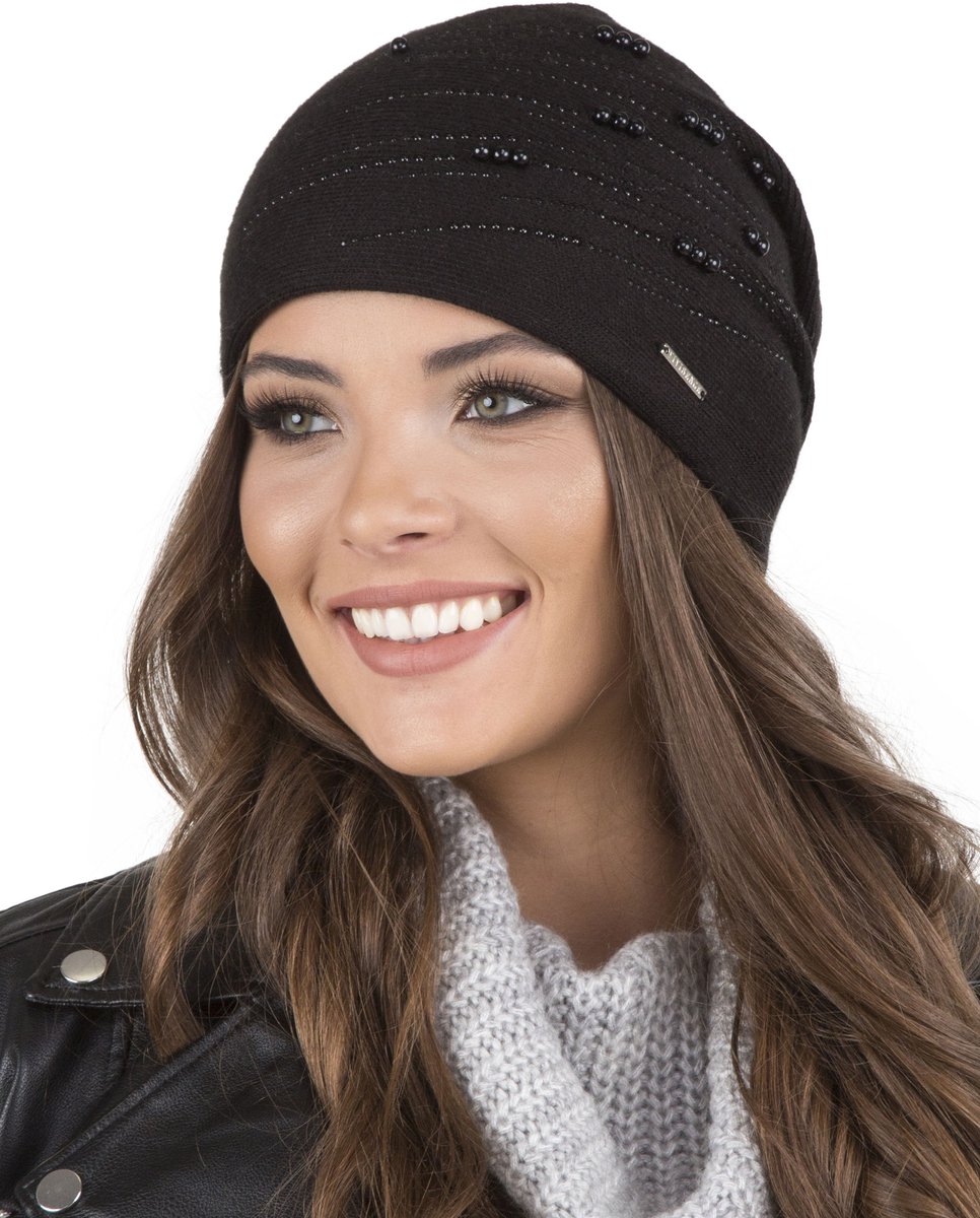 Vivisence Dames Wintermuts - Wolmix Met Zachte Voering Strassteentjes En Parels Achterplooien - Zacht En Warm Voor Koude Dagen Comfort Voor Elke Dag Ideaal Als Cadeau En Wandelingen - Zwart