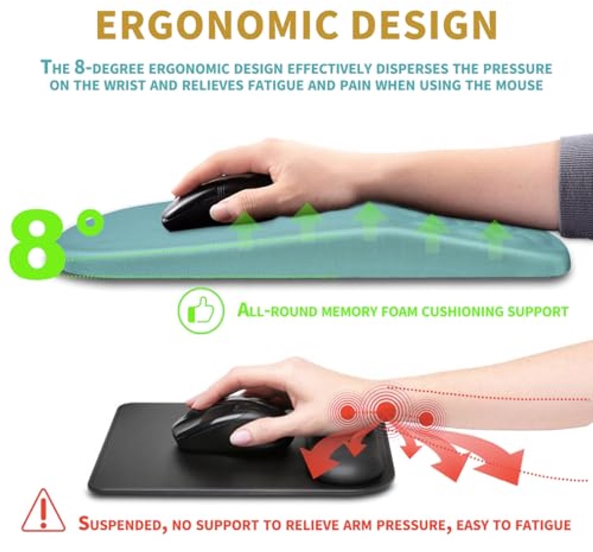 Ergonomische muismat met polssteun en massageontwerp voor pijnverlichting 30 x 20 cm lichtblauw