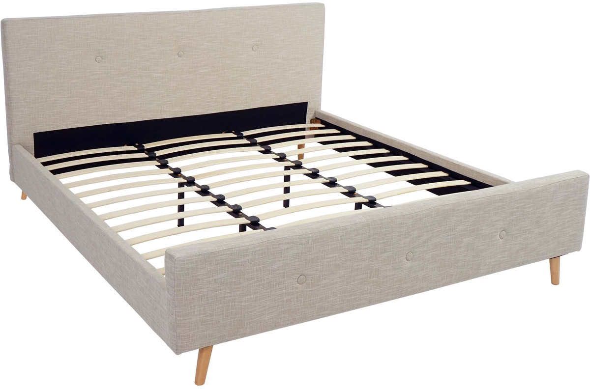 Gestoffeerd bed MCW-J98, tweepersoonsbed Bedframe met lattenbodem, massief hout ~ 180x200cm crème-beige